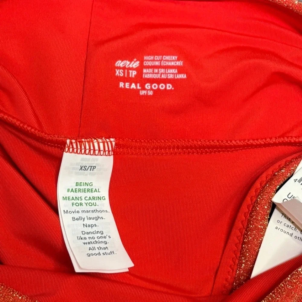 Aerie High Cut Cheeky Bikini Bottom XS Red Orange Gold Metallic Shimmer NWT